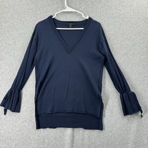 J Crew Sweater Womens Small Merino Wool Blue V-Neck Knit Solid 3/4 Bell Sleeve